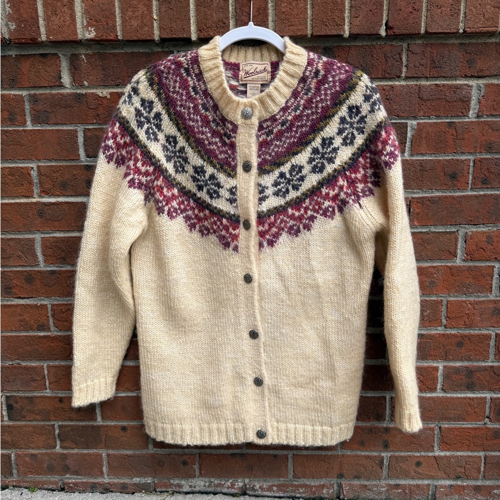 Vintage Woolrich Fair Isle Nordic Wool Blend Cardigan Sweater Size Medium Women